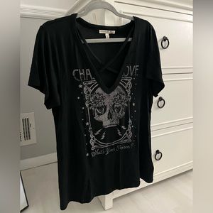 Express One Eleven V Neck Criss Cross Short Sleeve Graphic Tee